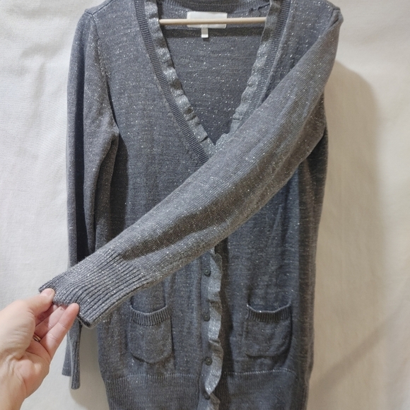 Victoria's Secret Shimmer Sparkle Cardigan Ruffle Metallic Longline Gray Large L - Picture 4 of 9
